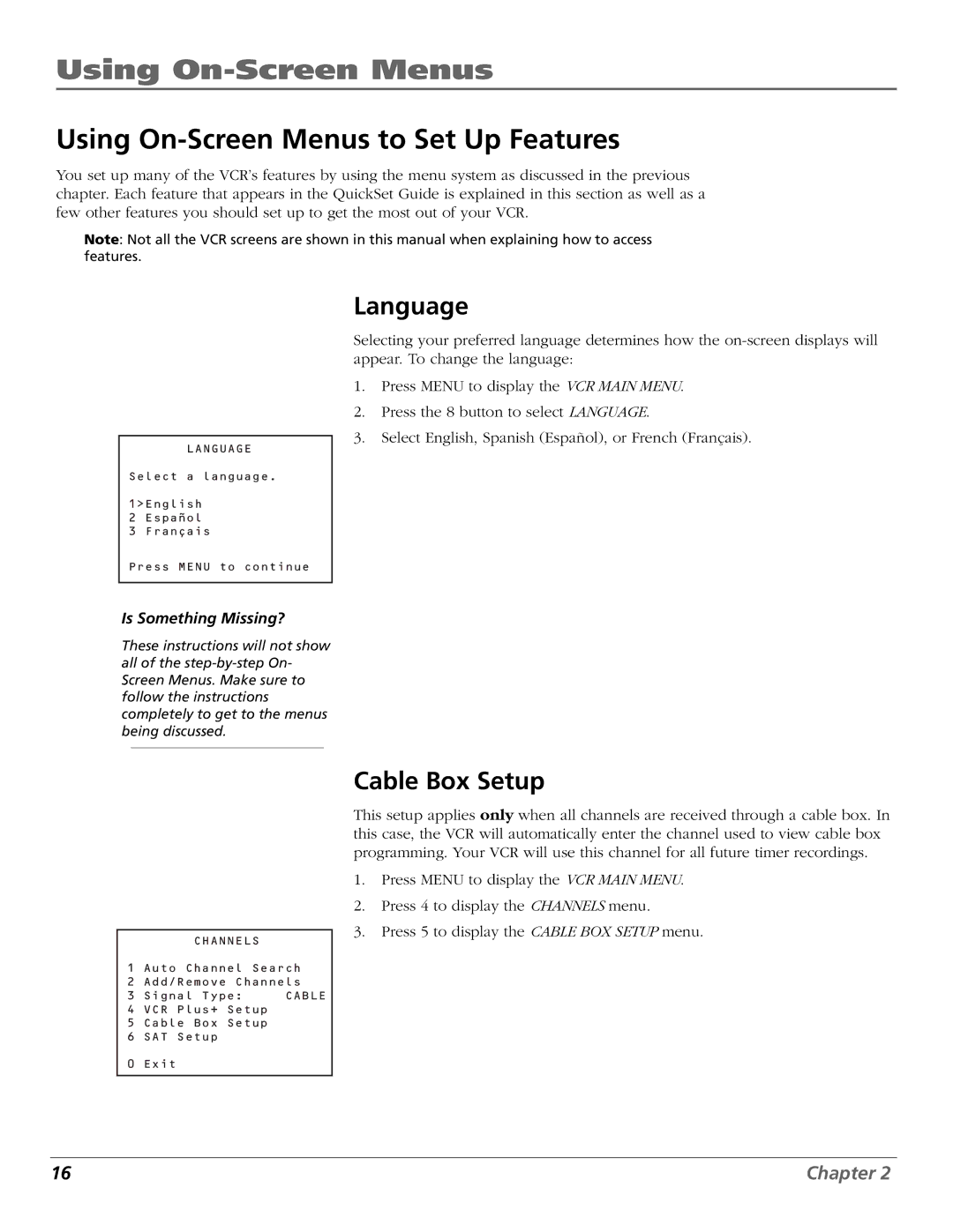 RCA VR651HF manual Using On-Screen Menus to Set Up Features, Language, Cable Box Setup 