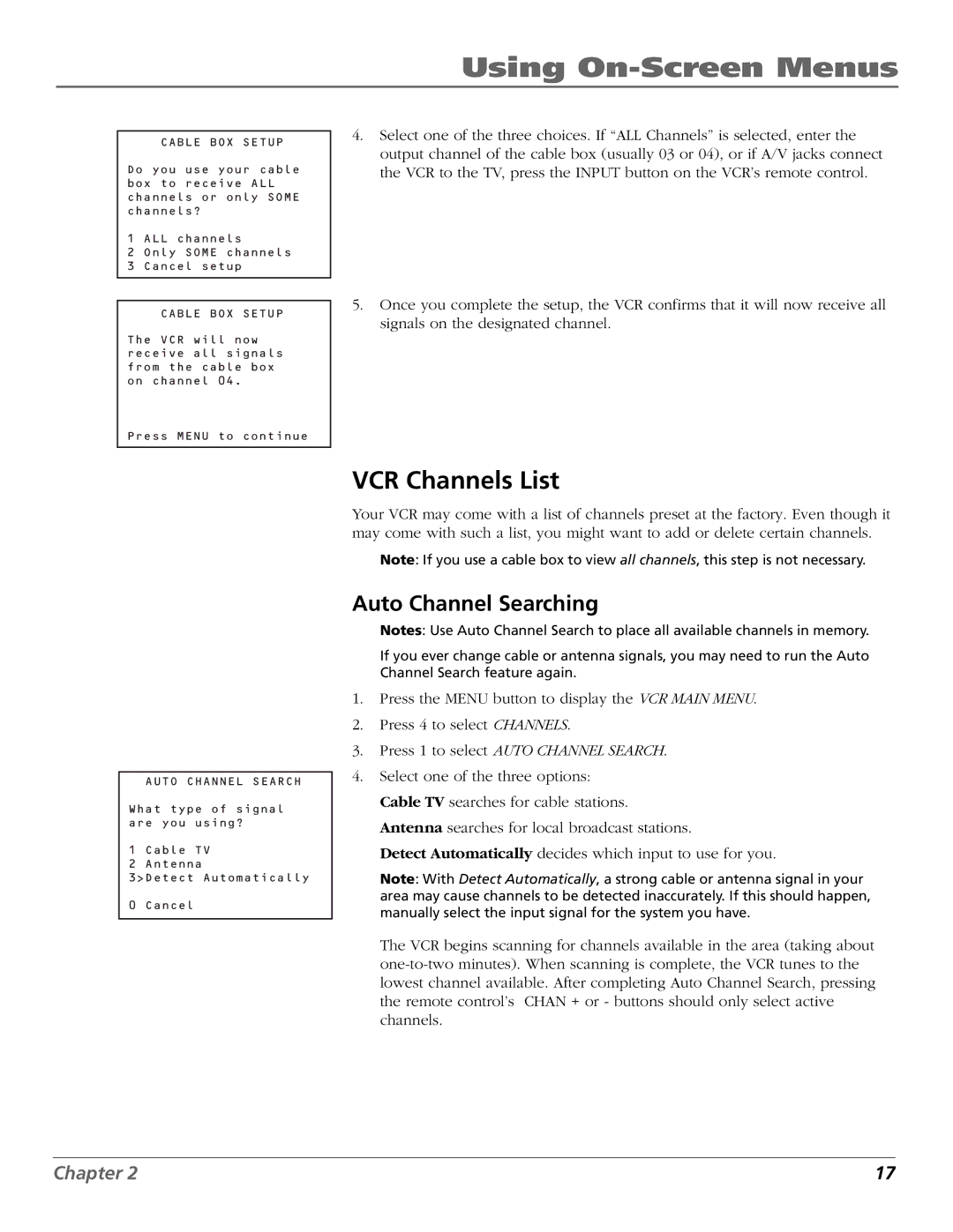 RCA VR651HF manual VCR Channels List, Auto Channel Searching 