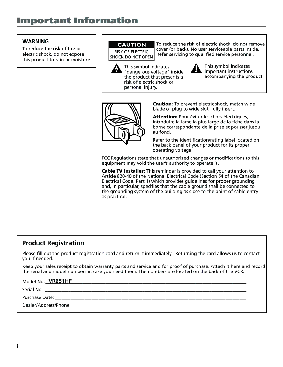 RCA VR651HF manual Important Information, Product Registration 