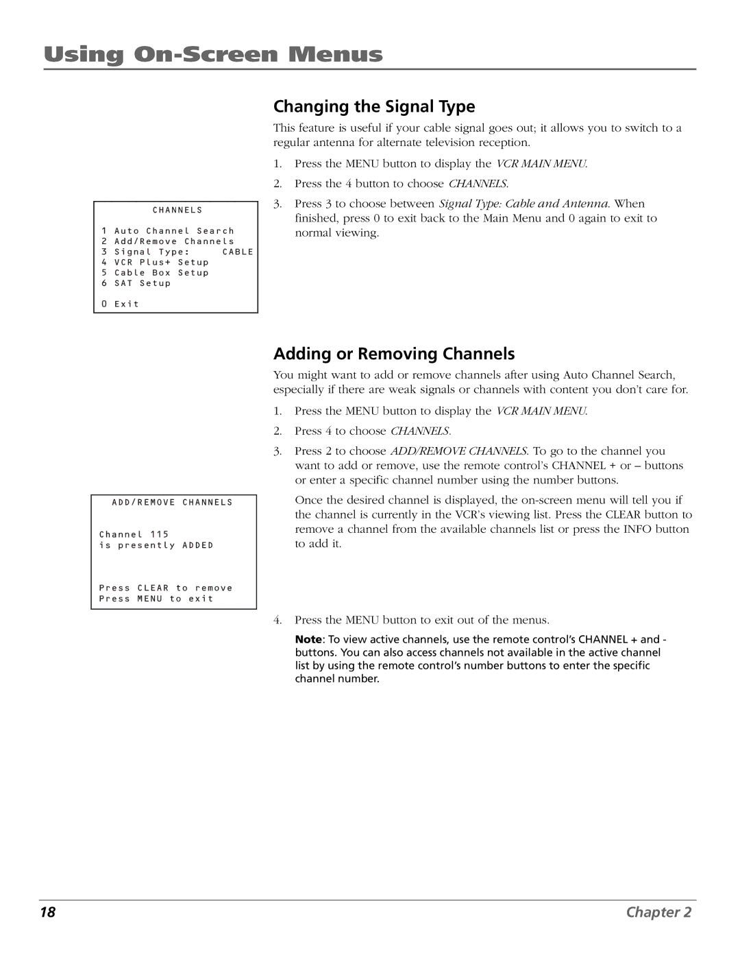 RCA VR651HF manual Changing the Signal Type, Adding or Removing Channels 