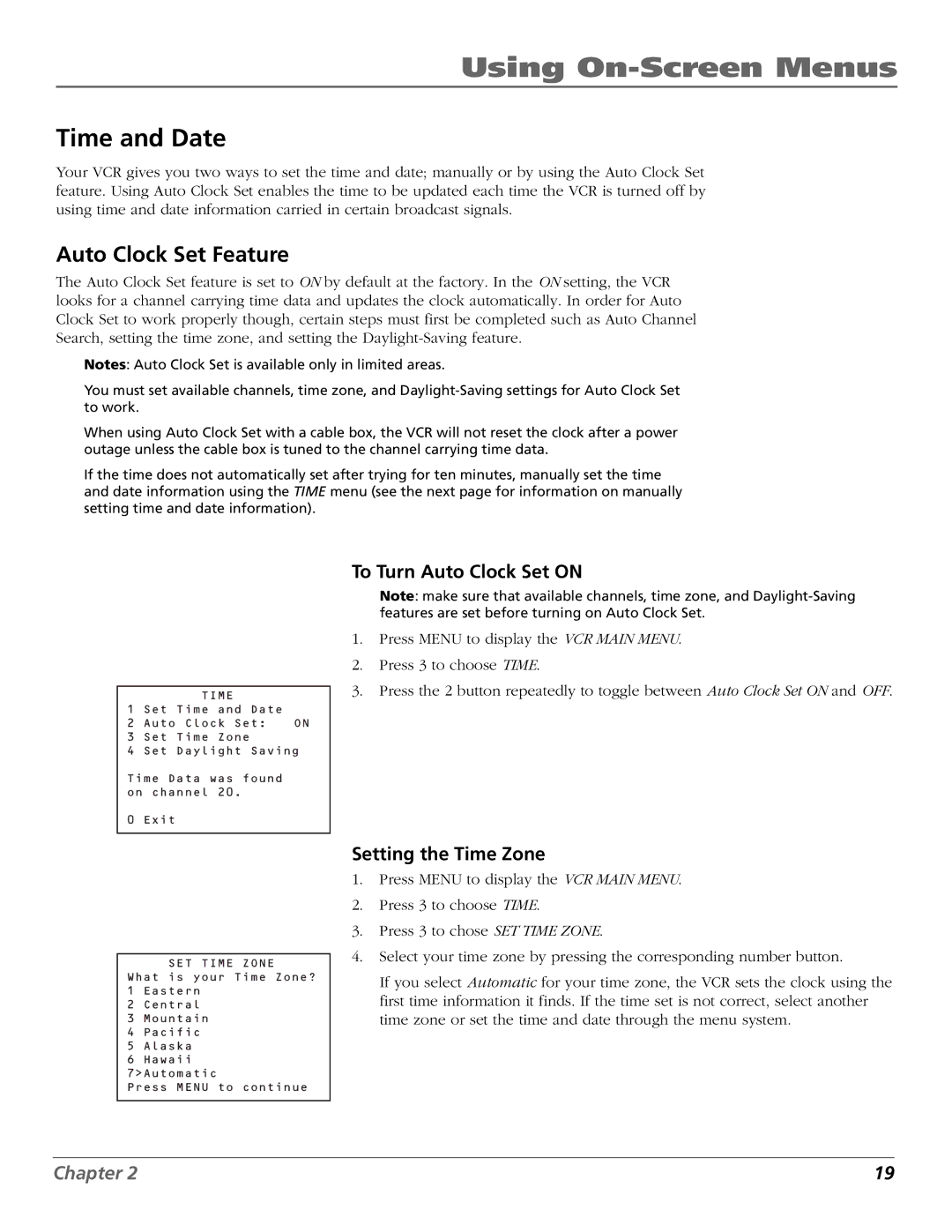 RCA VR651HF manual Time and Date, Auto Clock Set Feature, To Turn Auto Clock Set on, Setting the Time Zone 