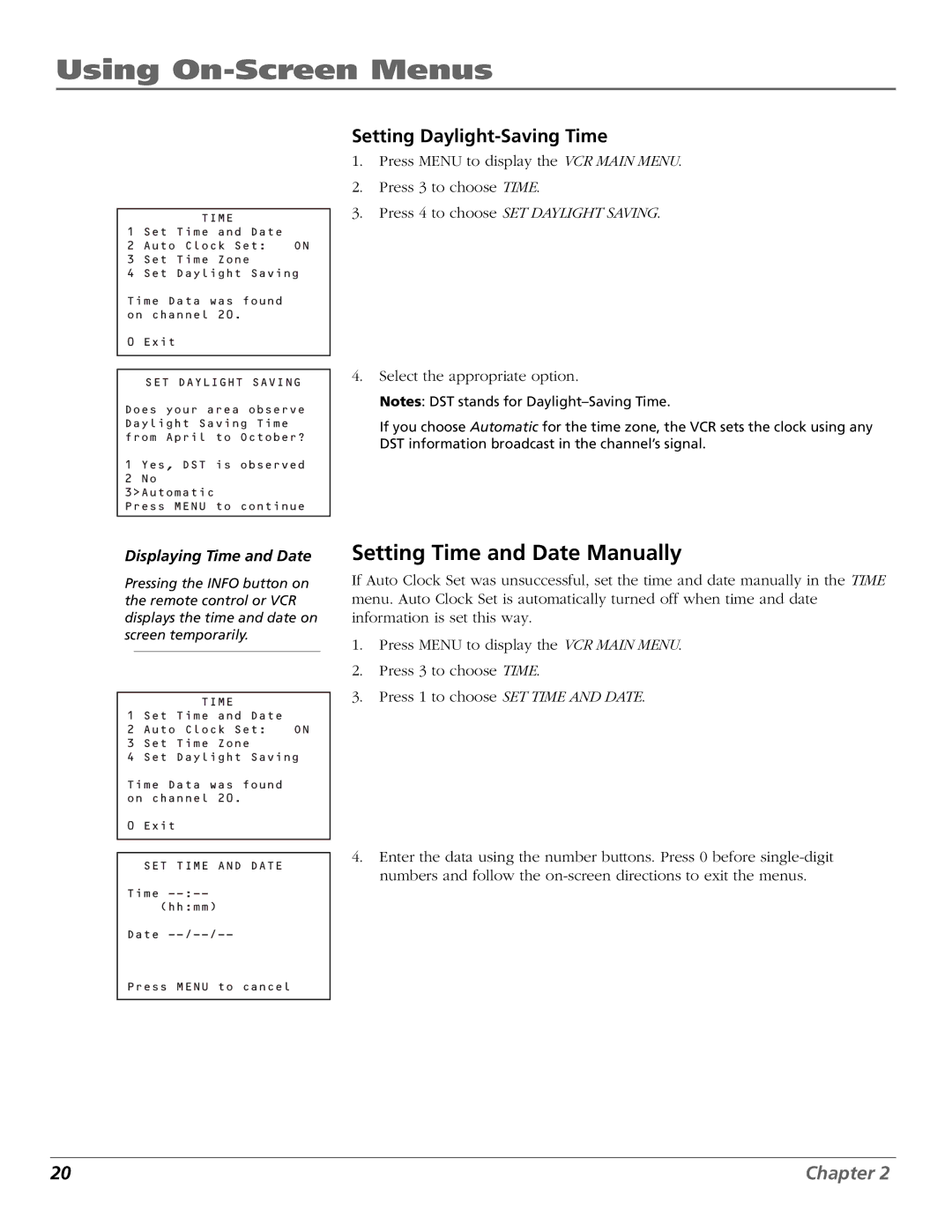 RCA VR651HF manual Setting Time and Date Manually, Setting Daylight-Saving Time 