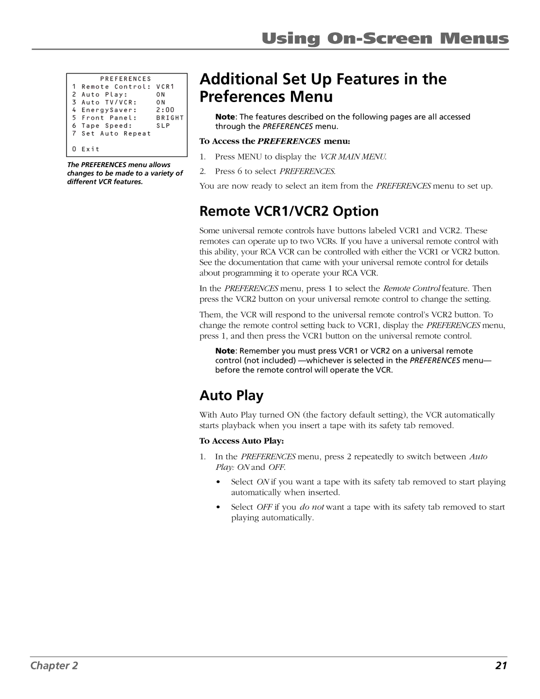 RCA VR651HF manual Additional Set Up Features in the Preferences Menu, Remote VCR1/VCR2 Option, To Access Auto Play 