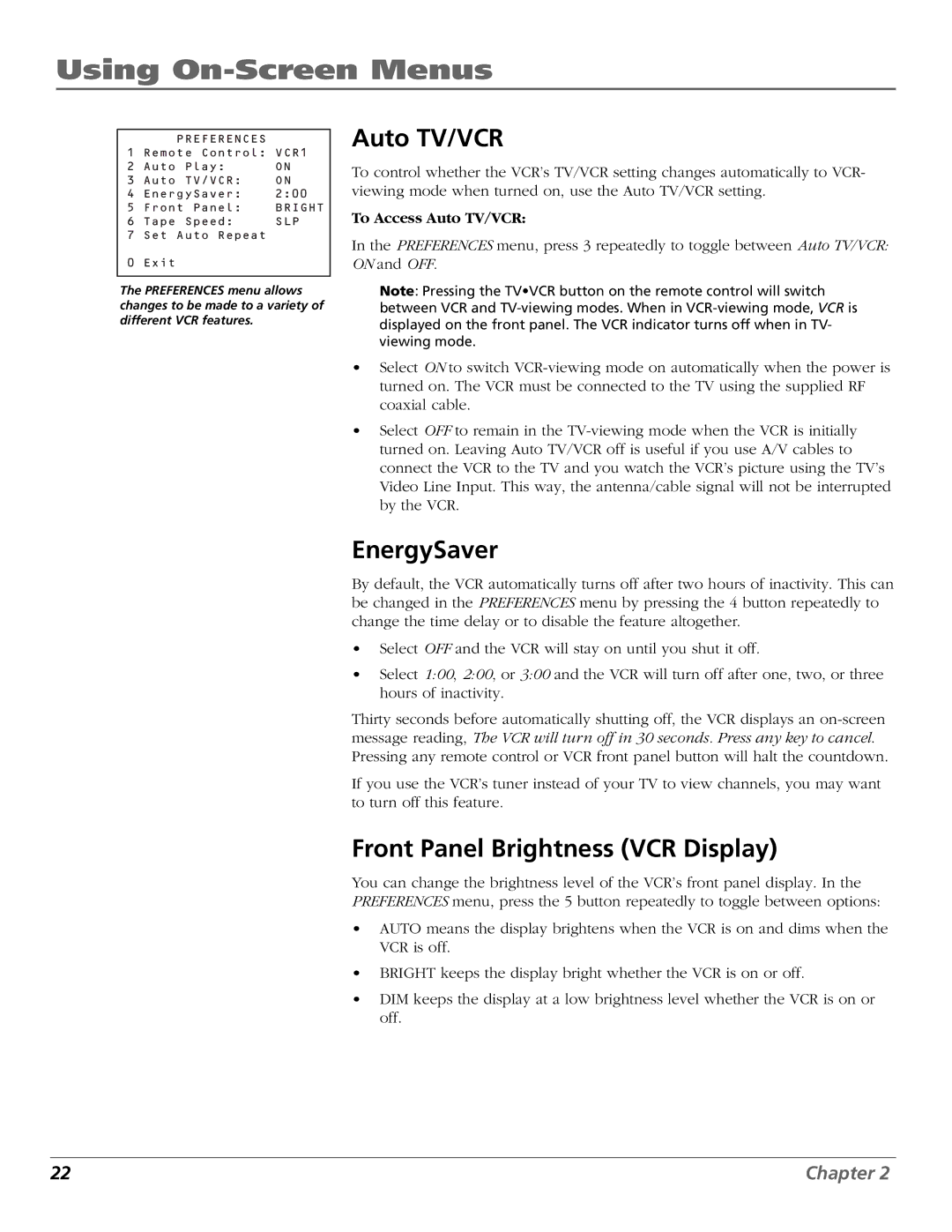 RCA VR651HF manual EnergySaver, Front Panel Brightness VCR Display, To Access Auto TV/VCR 