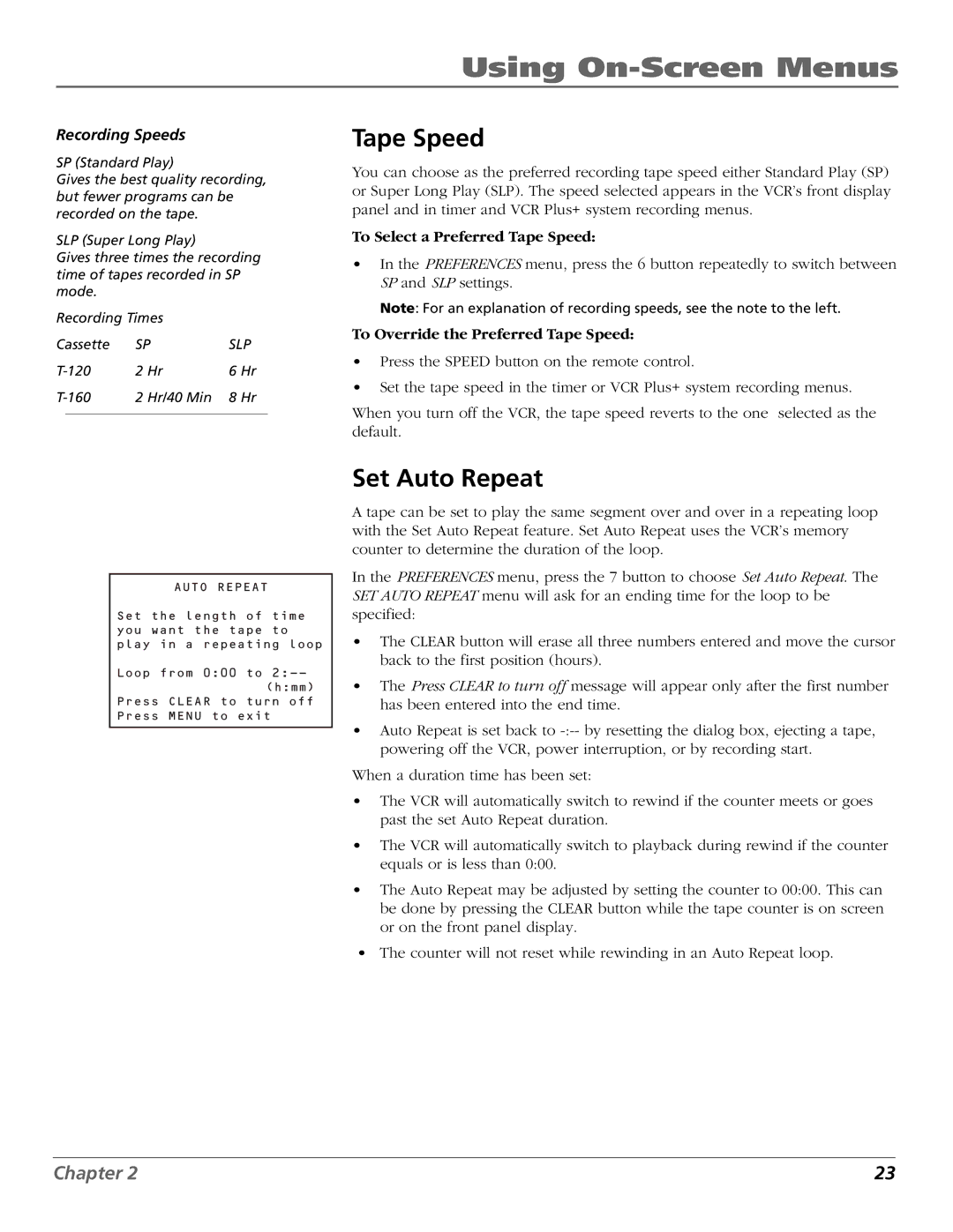 RCA VR651HF manual Set Auto Repeat, To Select a Preferred Tape Speed, To Override the Preferred Tape Speed 