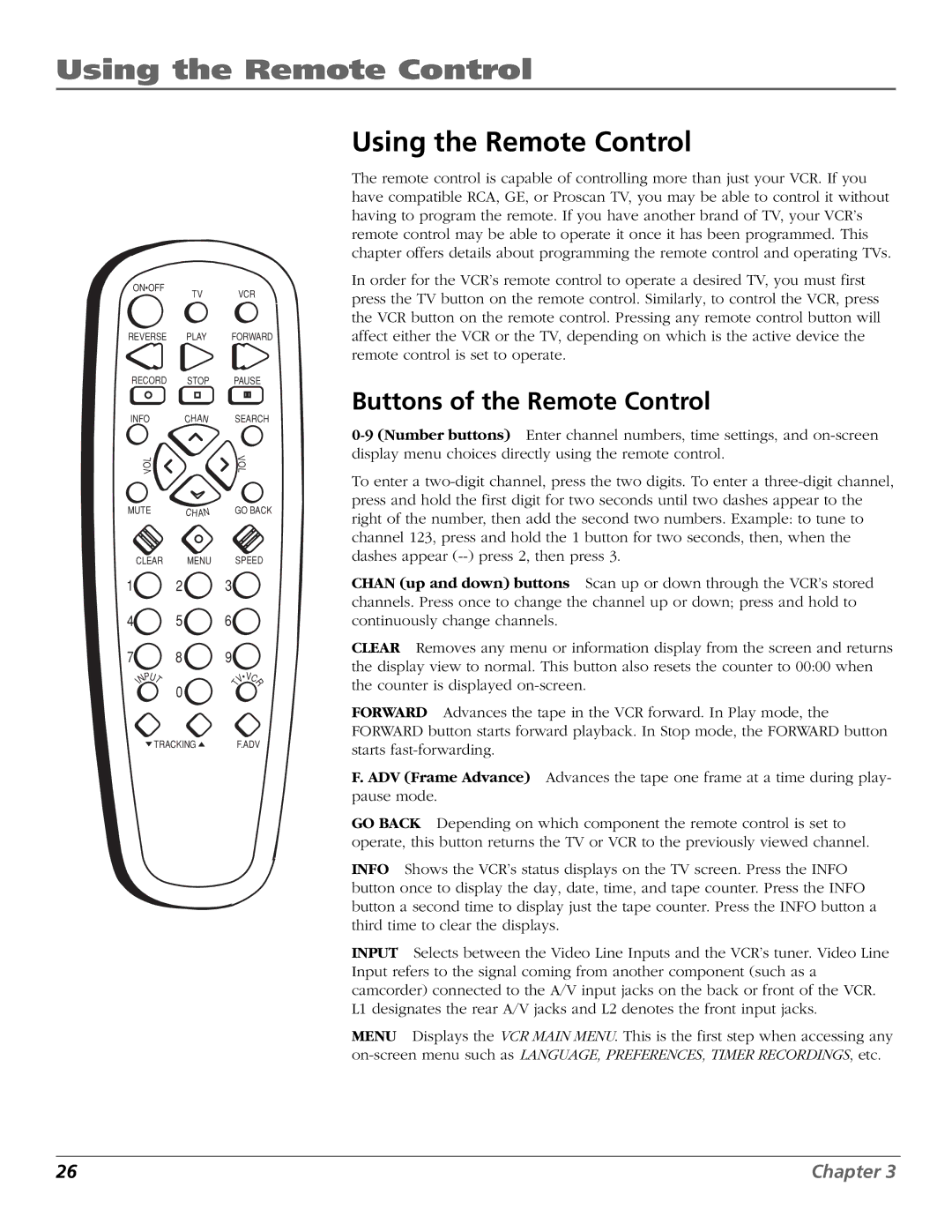 RCA VR651HF manual Using the Remote Control, Buttons of the Remote Control 