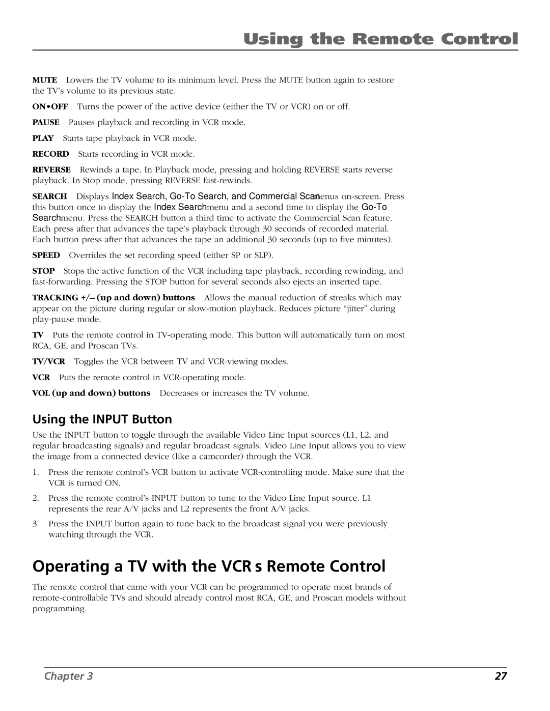 RCA VR651HF manual Operating a TV with the VCR’s Remote Control, Using the Input Button 