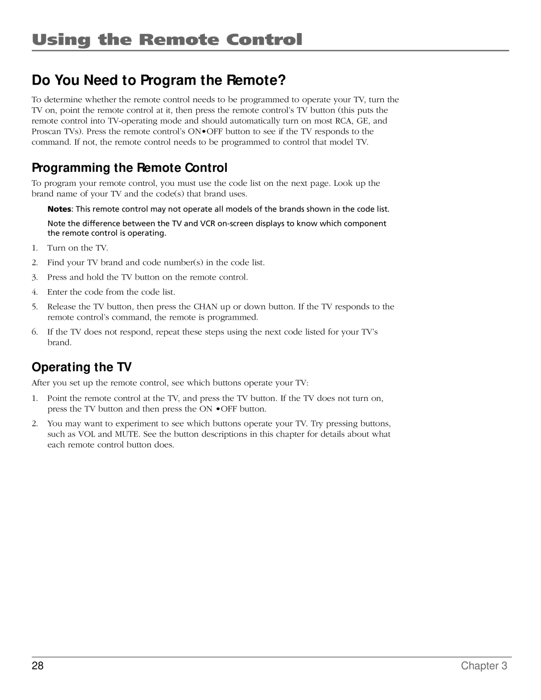 RCA VR651HF manual Do You Need to Program the Remote?, Programming the Remote Control, Operating the TV 