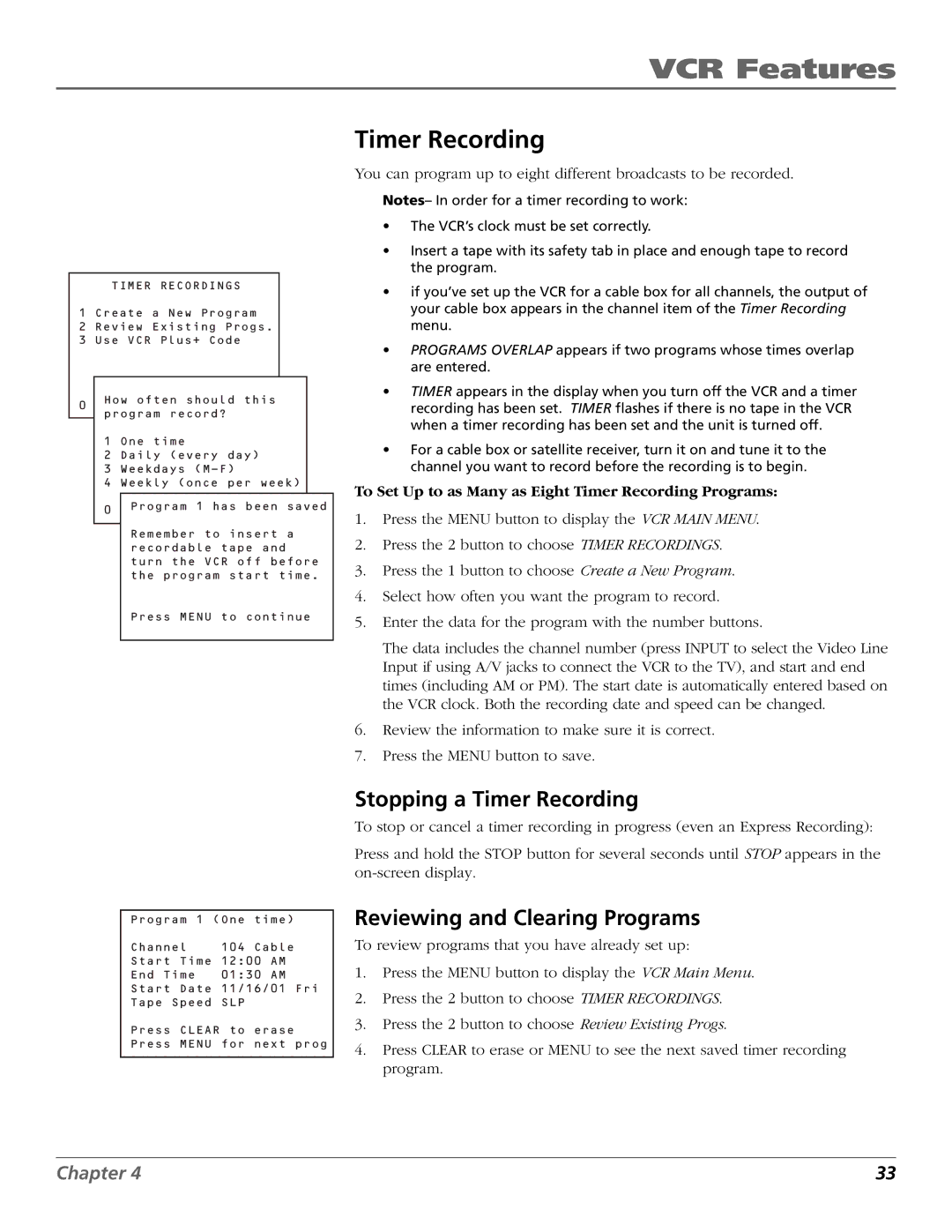 RCA VR651HF manual Stopping a Timer Recording, Reviewing and Clearing Programs 