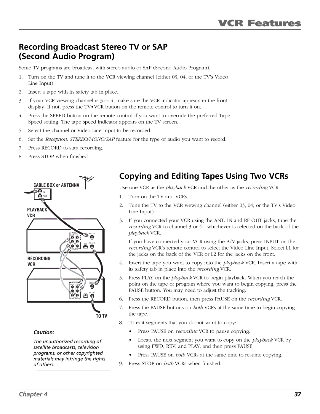 RCA VR651HF manual Recording Broadcast Stereo TV or SAP Second Audio Program, Copying and Editing Tapes Using Two VCRs 