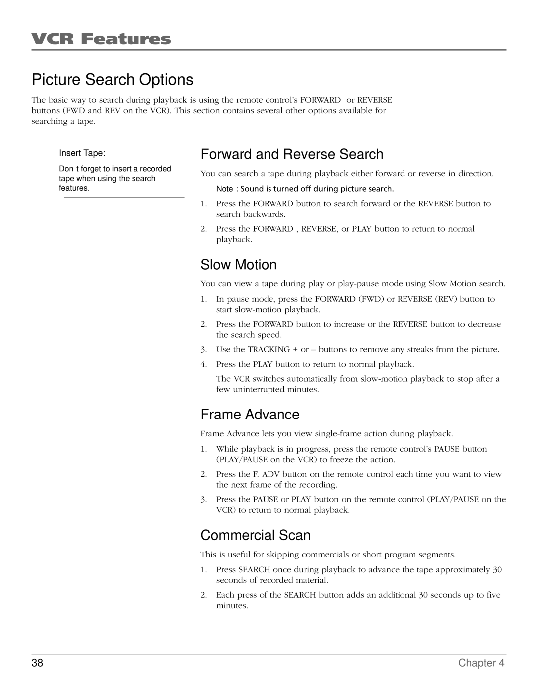 RCA VR651HF manual Picture Search Options, Forward and Reverse Search, Slow Motion, Frame Advance, Commercial Scan 