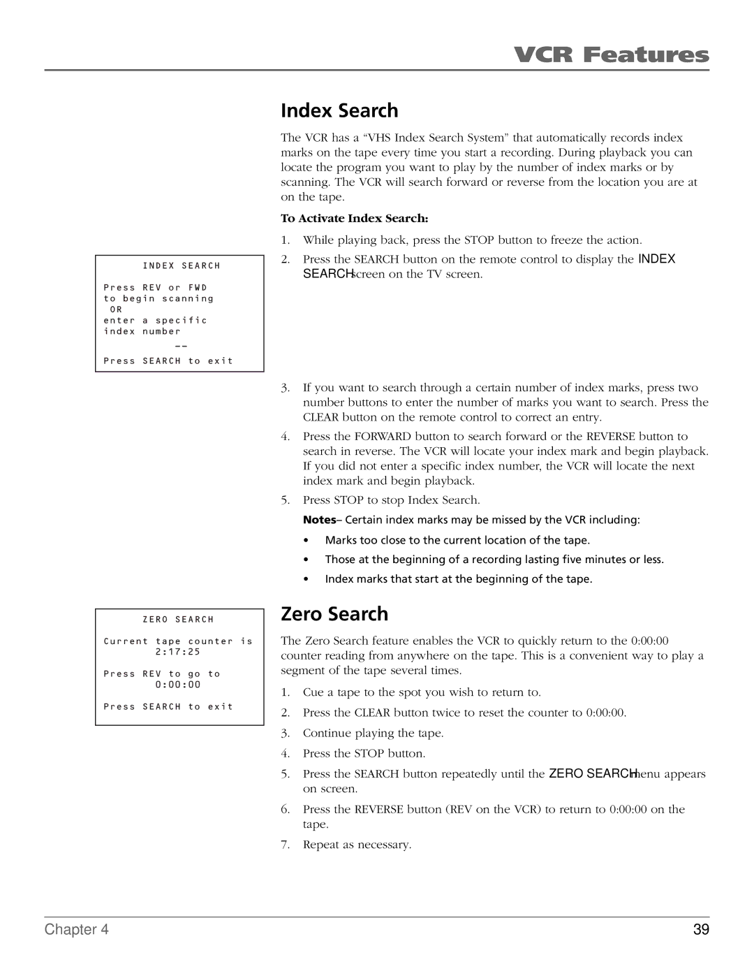 RCA VR651HF manual Zero Search, To Activate Index Search 