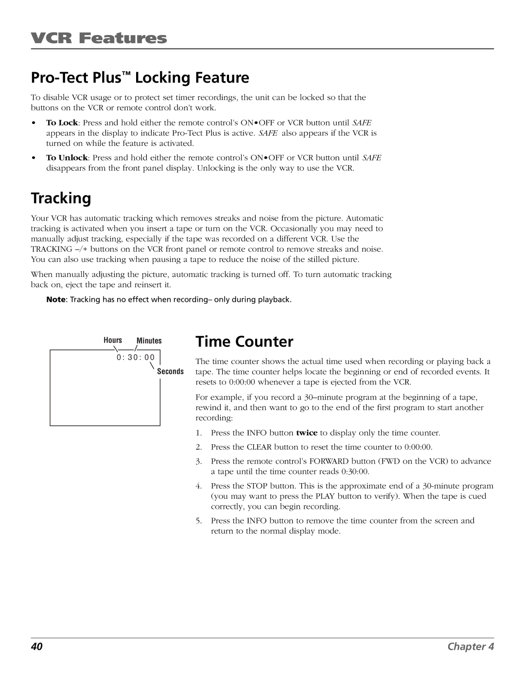 RCA VR651HF manual Pro-Tect Plus Locking Feature, Tracking, Time Counter 