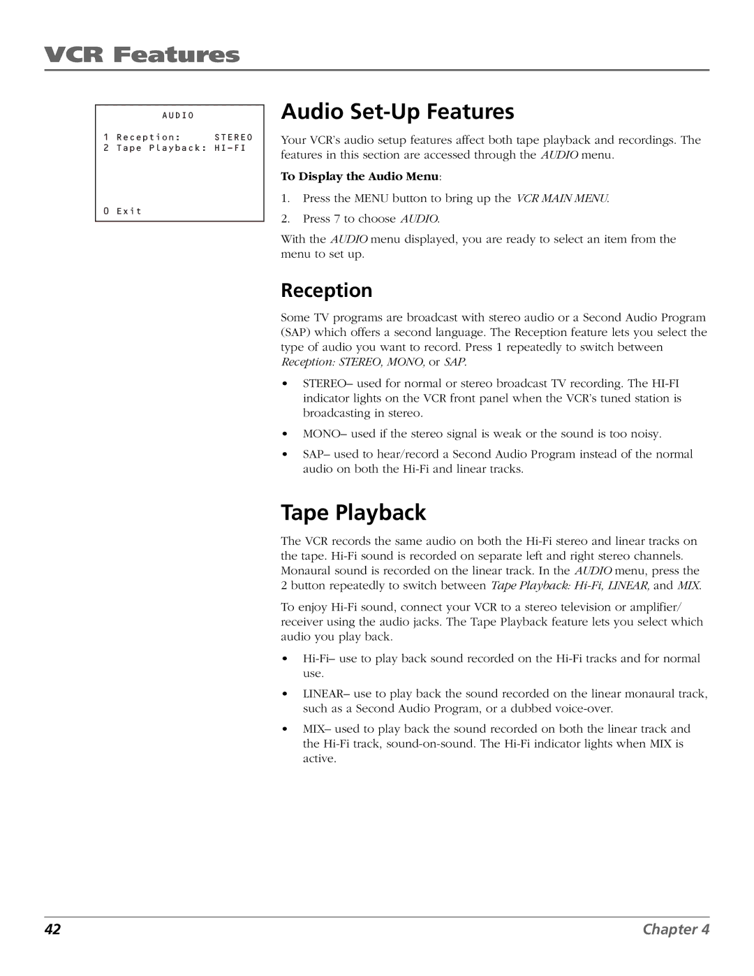 RCA VR651HF manual Audio Set-Up Features, Tape Playback, Reception, To Display the Audio Menu 