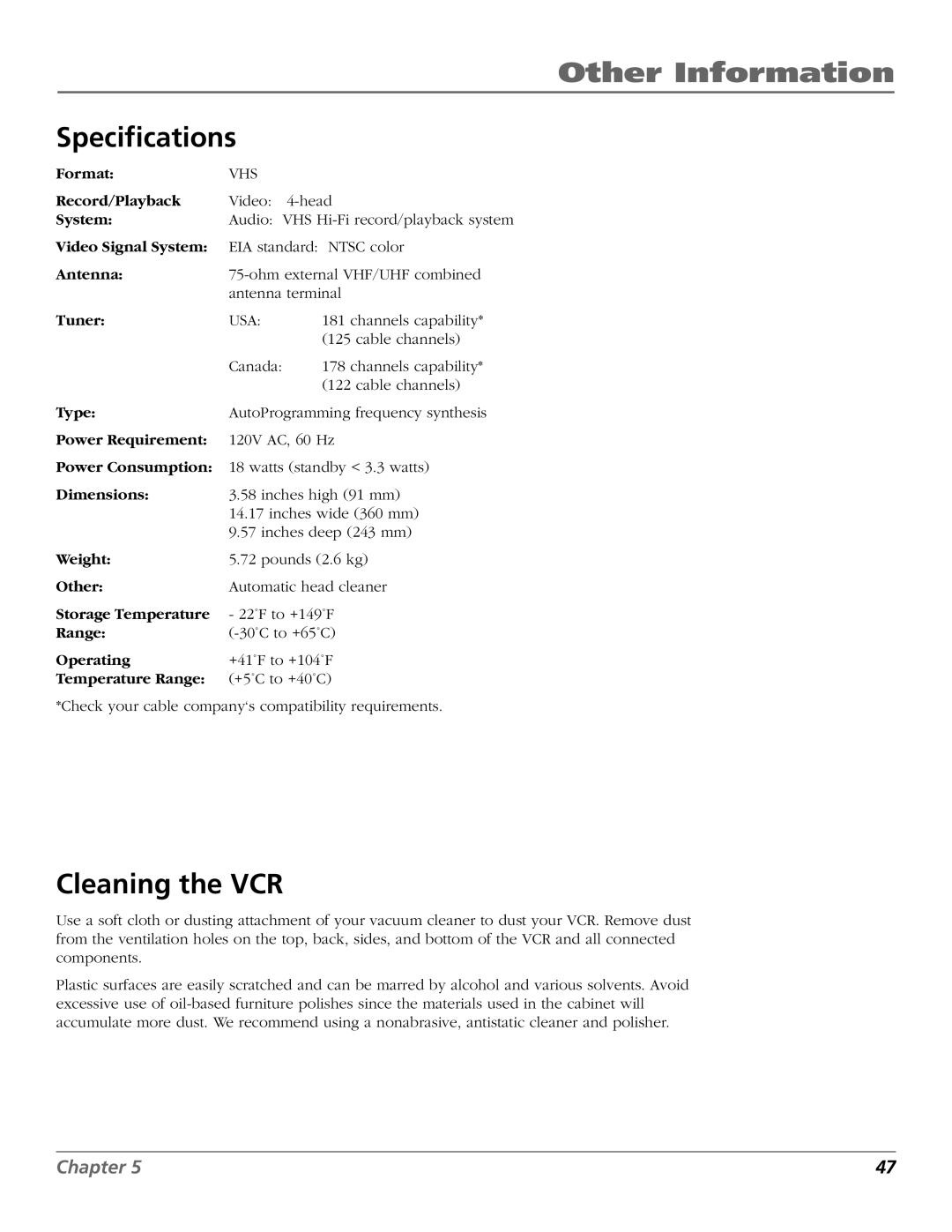 RCA VR651HF manual Specifications, Cleaning the VCR 