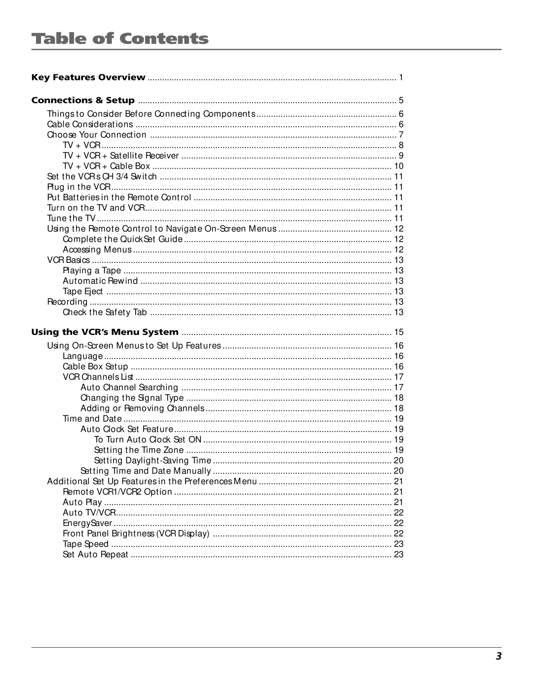 RCA VR651HF manual Table of Contents 