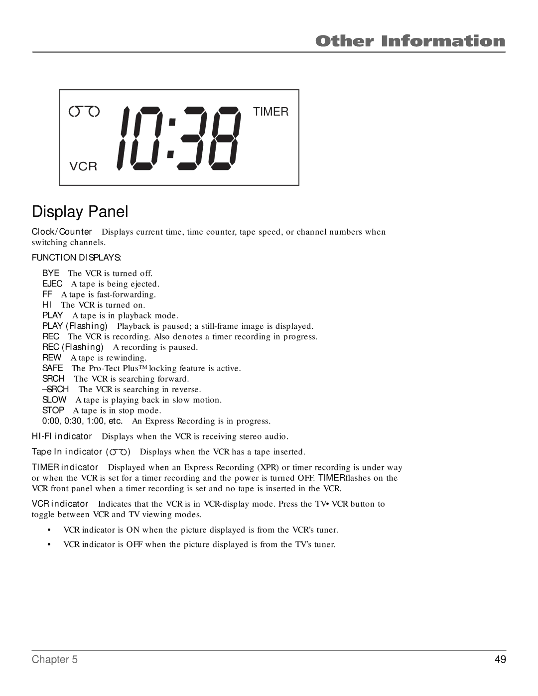 RCA VR651HF manual Display Panel, Function Displays 