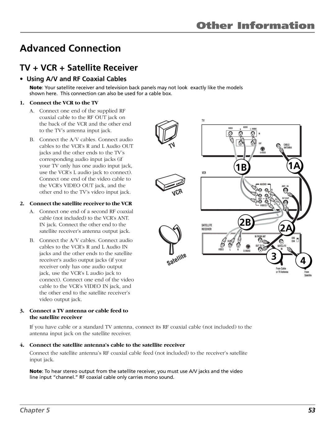 RCA VR651HF manual Advanced Connection, Using A/V and RF Coaxial Cables, Connect the satellite receiver to the VCR 