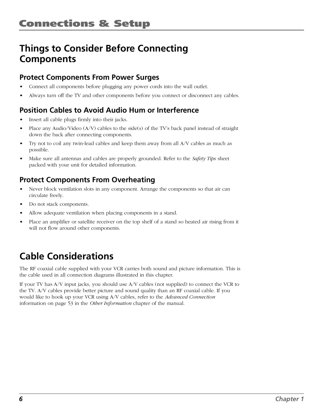 RCA VR651HF manual Connections & Setup, Things to Consider Before Connecting Components, Cable Considerations 