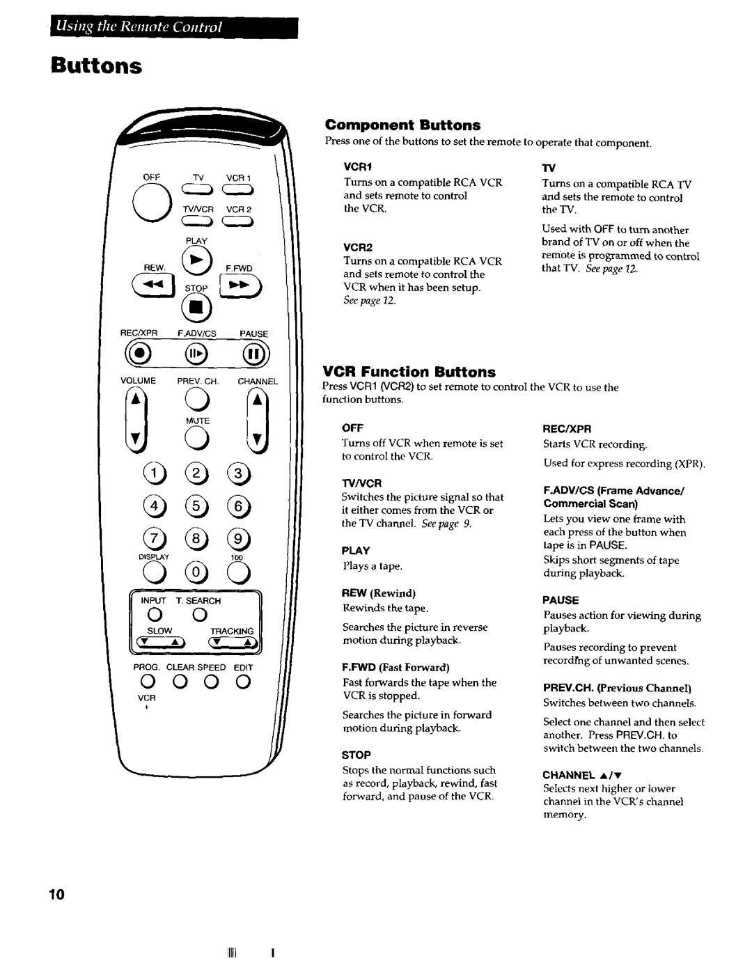 RCA VR663HF manual Component Buttons, VCR Function Buttons 