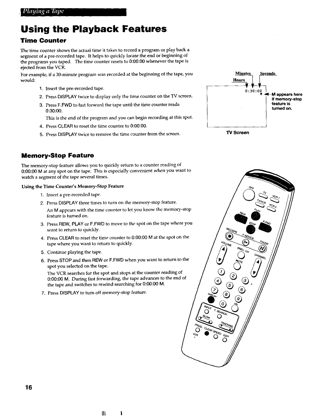 RCA VR663HF manual Lime Counter, Memory-Stop Feature, Press Display three times to twn on the memory-stop feature 