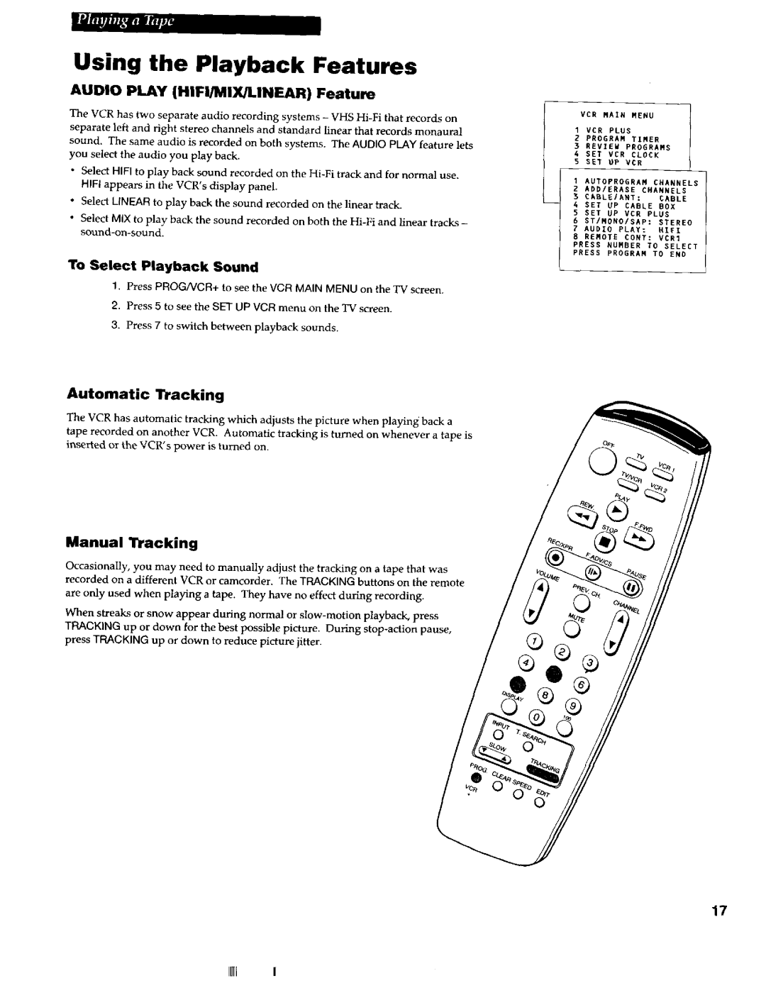 RCA VR663HF manual Audio Play HIFl/MIX/LINEAR Feature, To Select Playback Sound, Automatic nacking, Manual TLacking 