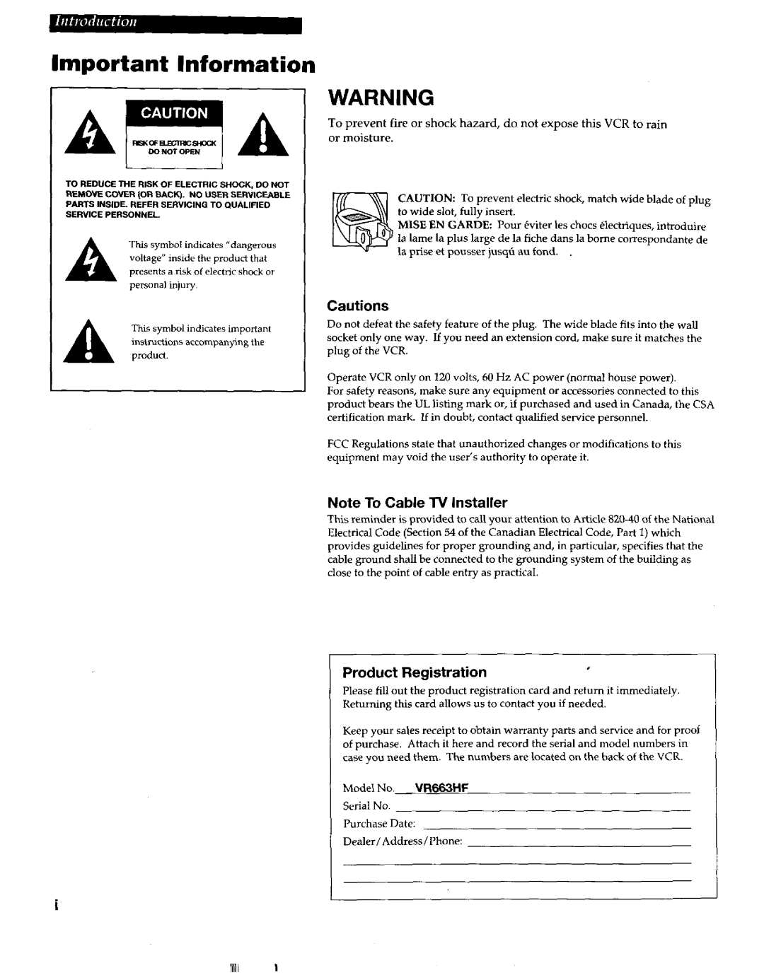 RCA VR663HF manual Important Information, Product Registration 