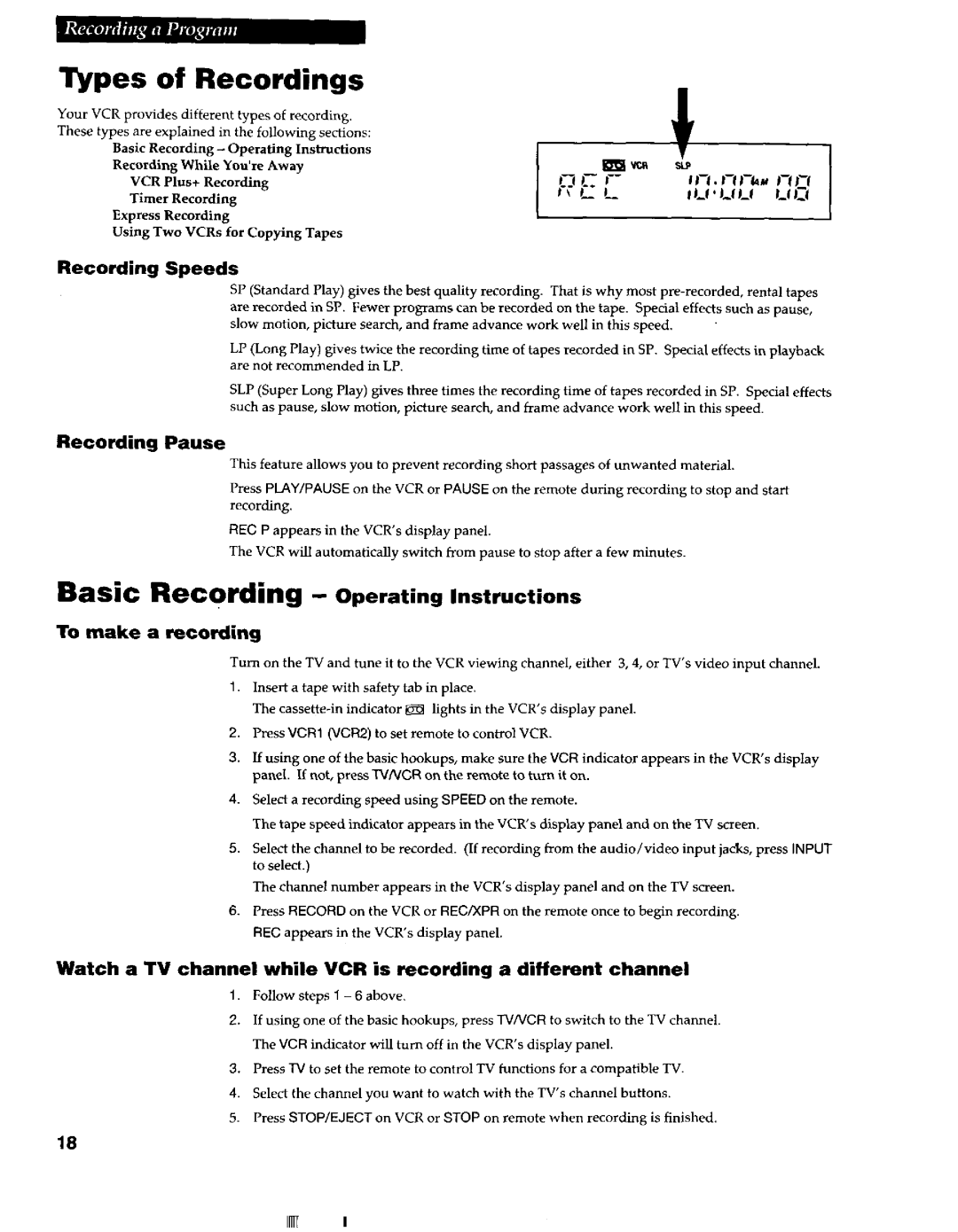 RCA VR663HF manual Types of Recordings, Recording Speeds, Recording Pause 