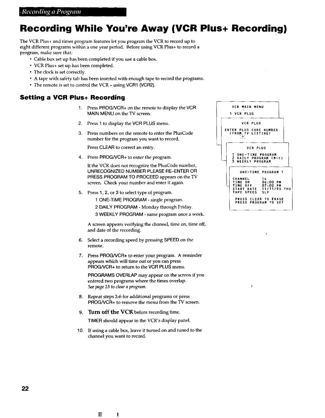 RCA VR663HF manual Setting a VCR Plus+ Recording, PAOGNCR+ to remove the menu from the TV screen 