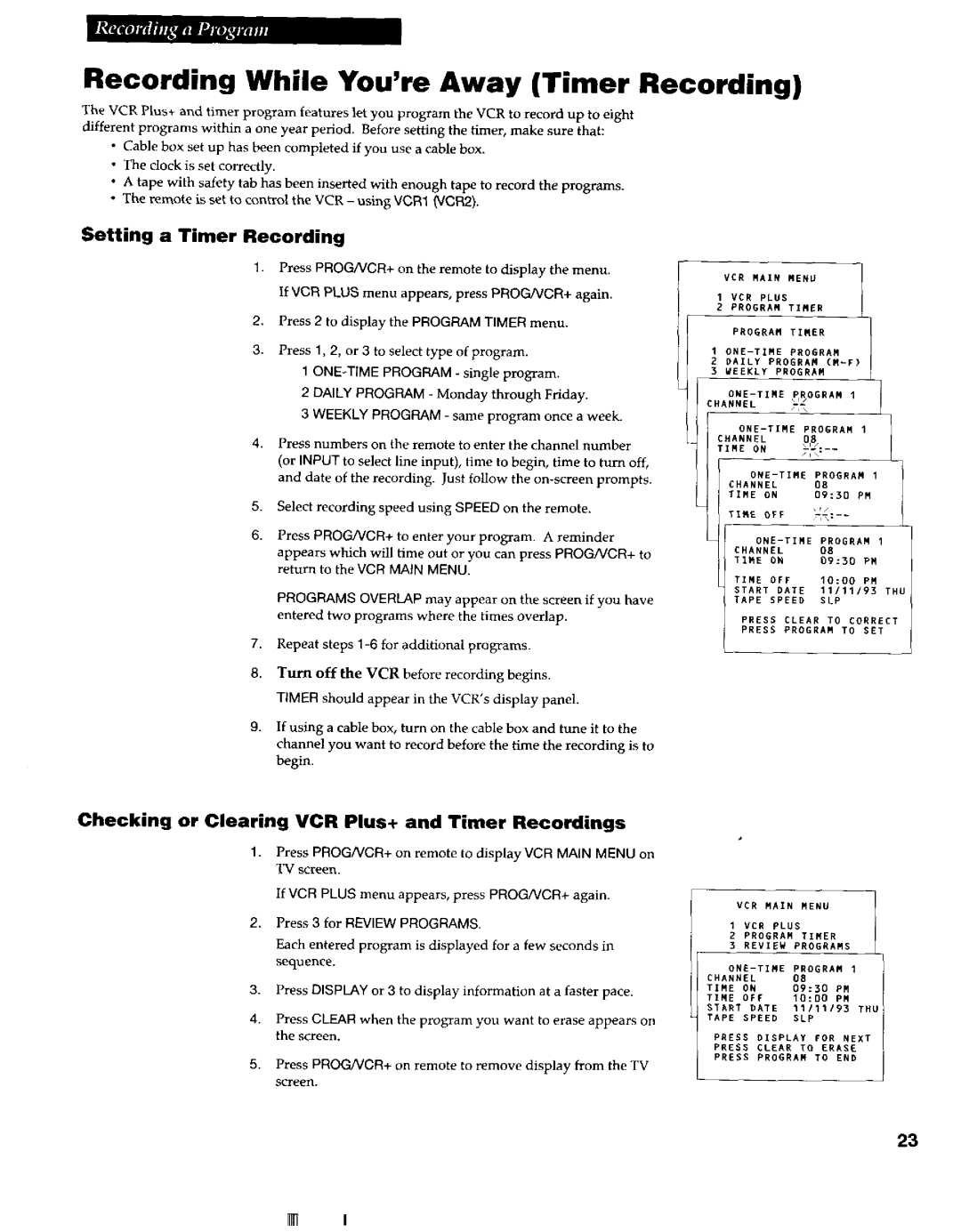 RCA VR663HF manual Recording While You’re Away Timer Recording, Setting a Timer Recording 