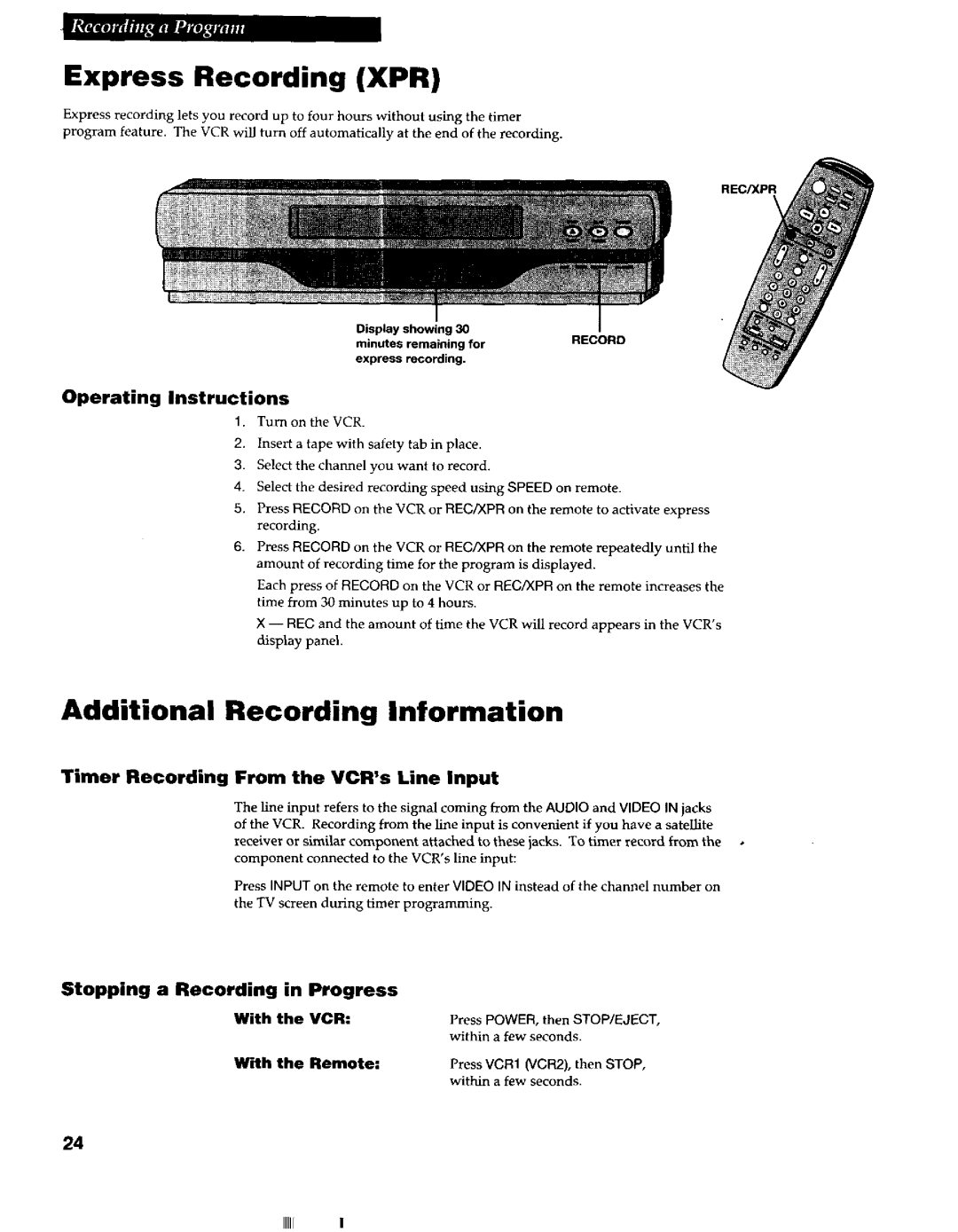 RCA VR663HF manual Express Recording XPR, Additional Recording Information 