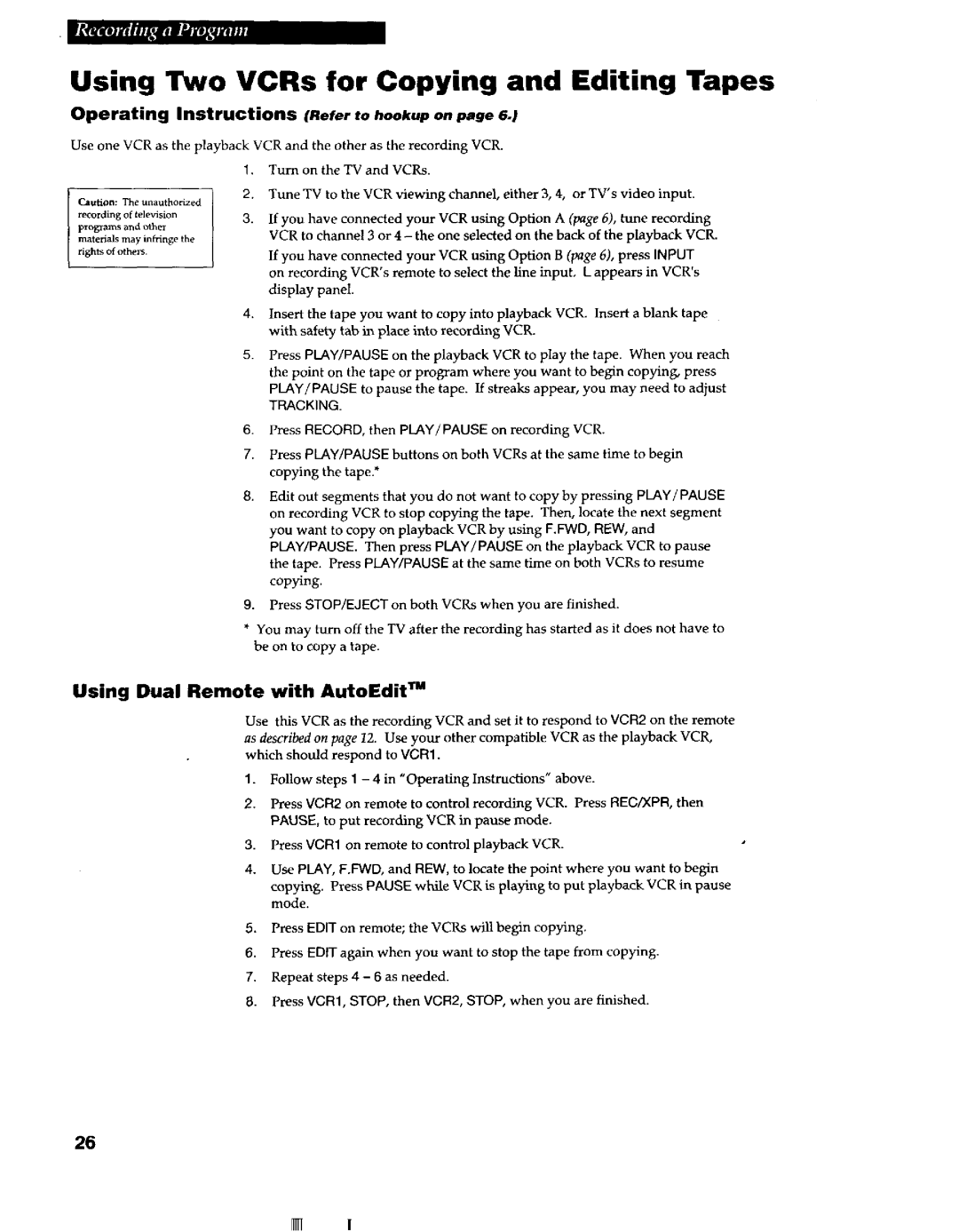 RCA VR663HF manual Using Two VCRs for Copying and Editing Tapes, Using Dual Remote with AutoEditTM 