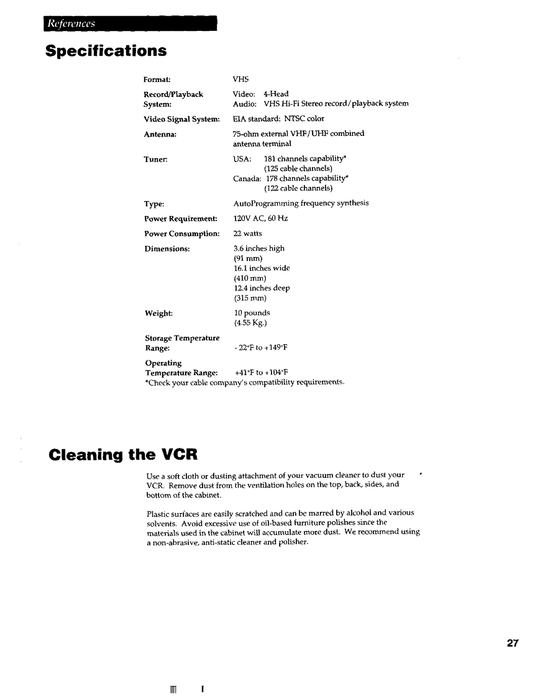 RCA VR663HF manual Specifications, Cleaning 