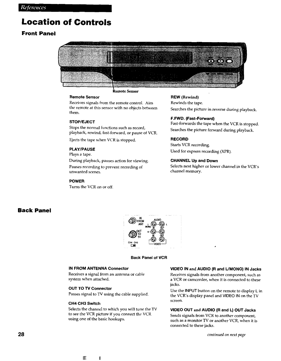 RCA VR663HF manual Location of Controls, Front Panel, Back Panel 