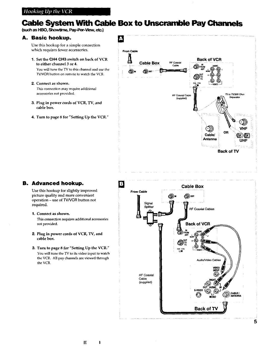 RCA VR663HF manual Basic hookup, Advanced hookup, Back of TV 