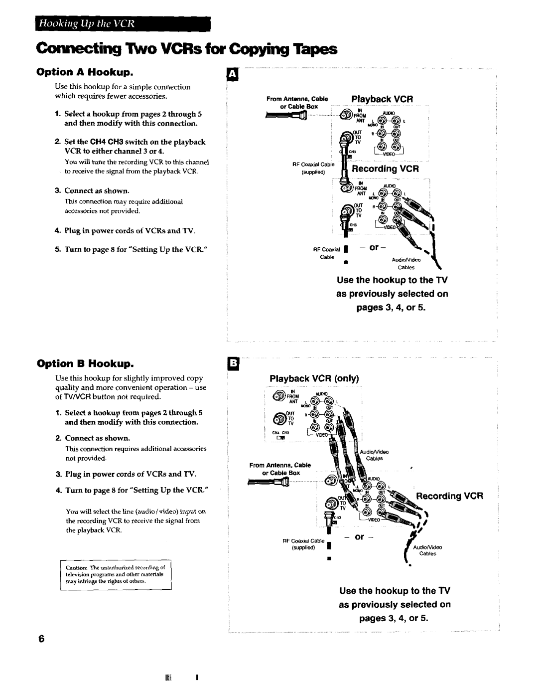 RCA VR663HF manual ConnectinglhfoVCRsforCopyingWpes, Option a Hookup, Option B Hookup 