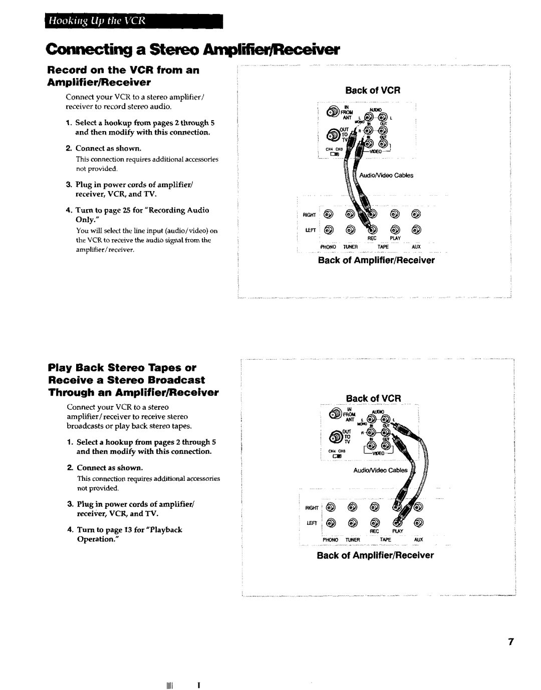 RCA VR663HF manual Connectinga Stereo AmplicierlReceiver, Record on the VCR from an Amplifier/Receiver 