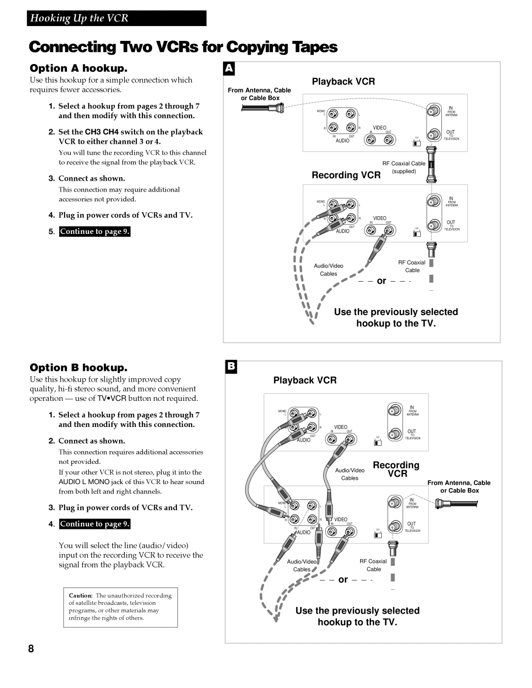 RCA VR688HF manual Connecting Two VCRs for Copying Tapes, Option a hookup, Option B hookup 