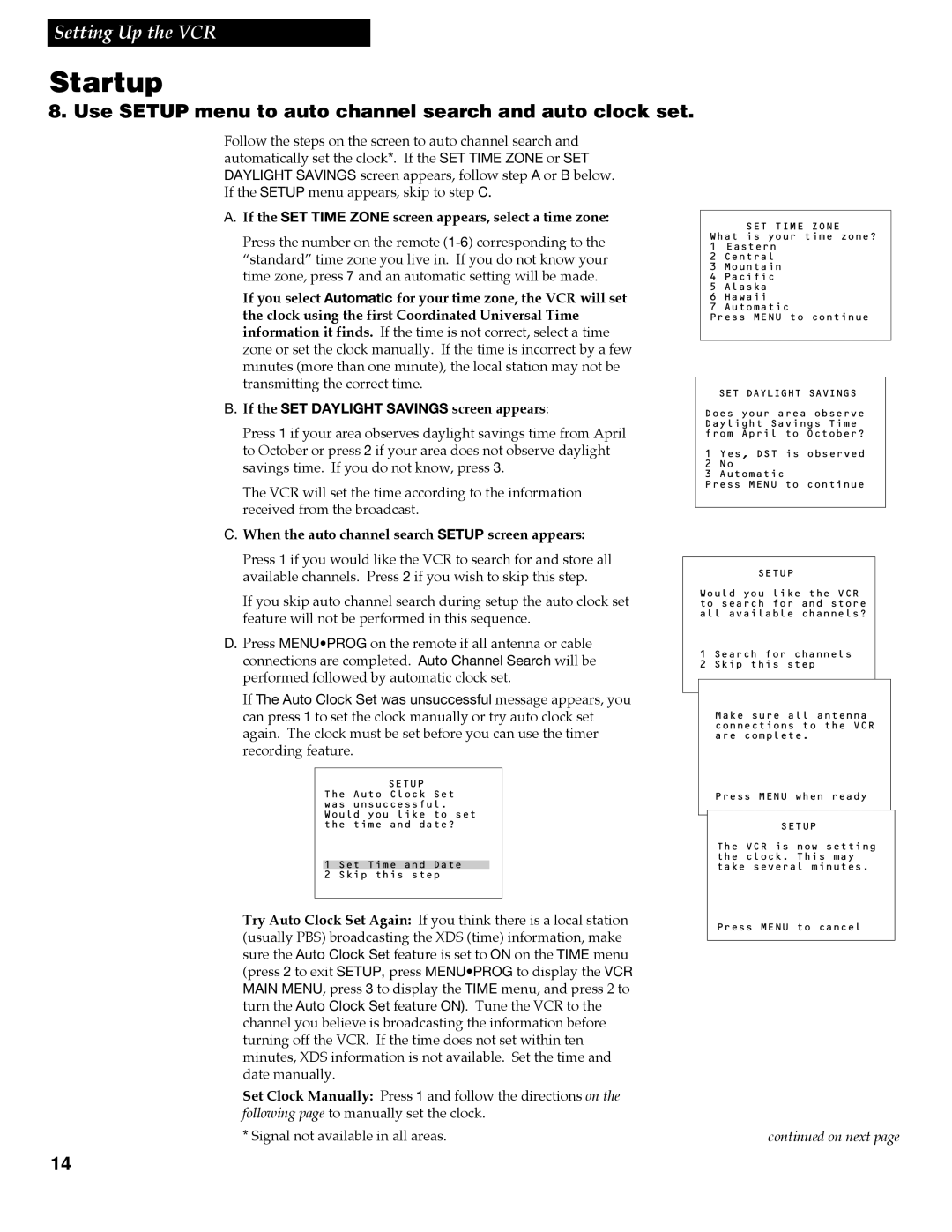 RCA VR688HF Use Setup menu to auto channel search and auto clock set, When the auto channel search Setup screen appears 