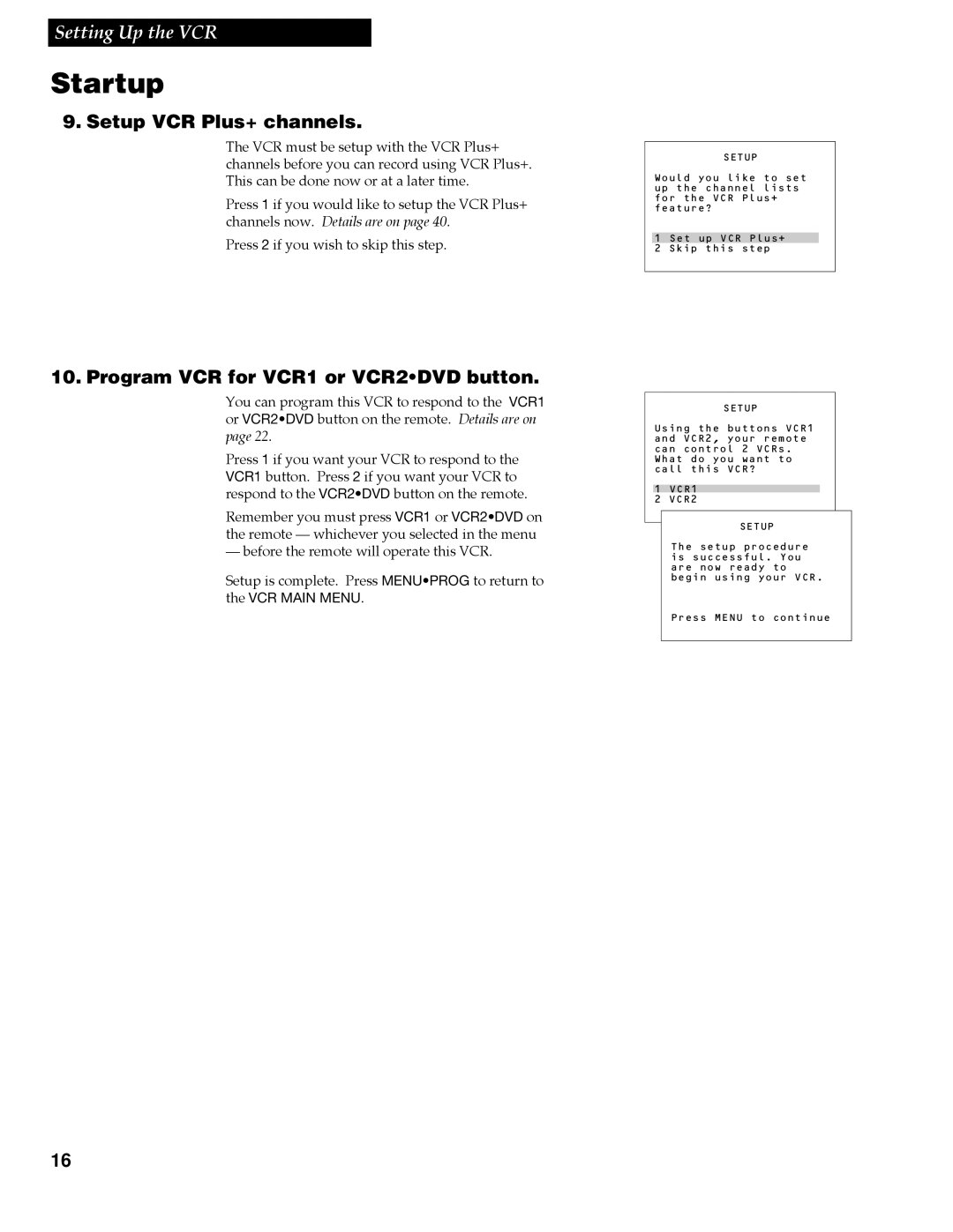 RCA VR688HF manual Setup VCR Plus+ channels, Program VCR for VCR1 or VCR2DVD button 