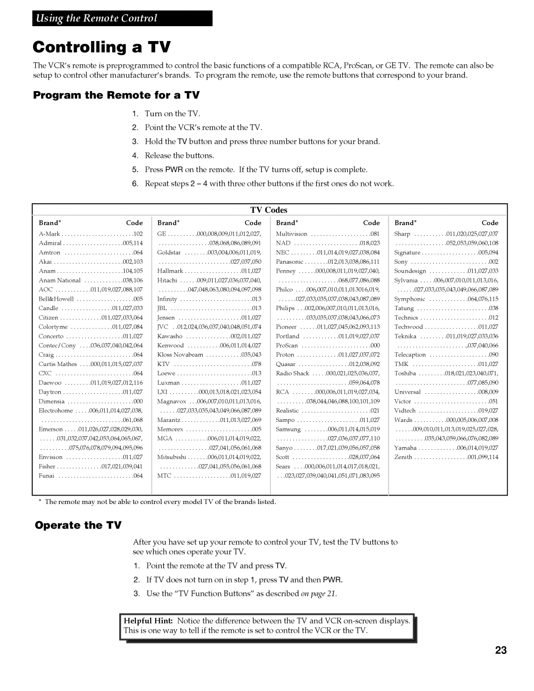 RCA VR688HF manual Controlling a TV, Program the Remote for a TV, Operate the TV, Ktv, Tmk 