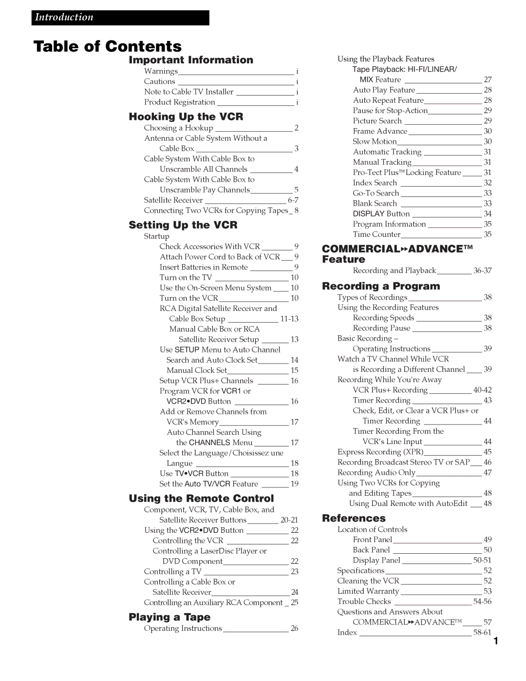 RCA VR688HF manual Table of Contents 