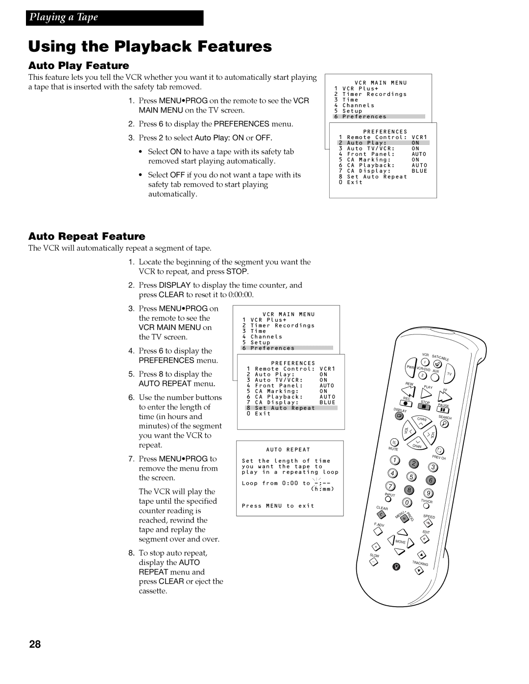 RCA VR688HF manual Auto Play Feature, Auto Repeat Feature 