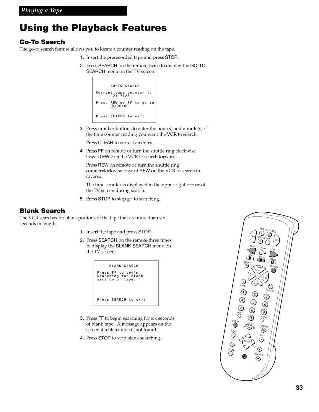 RCA VR688HF manual Go-To Search, Blank Search, Press Stop to stop blank searching, GO-TO Search 