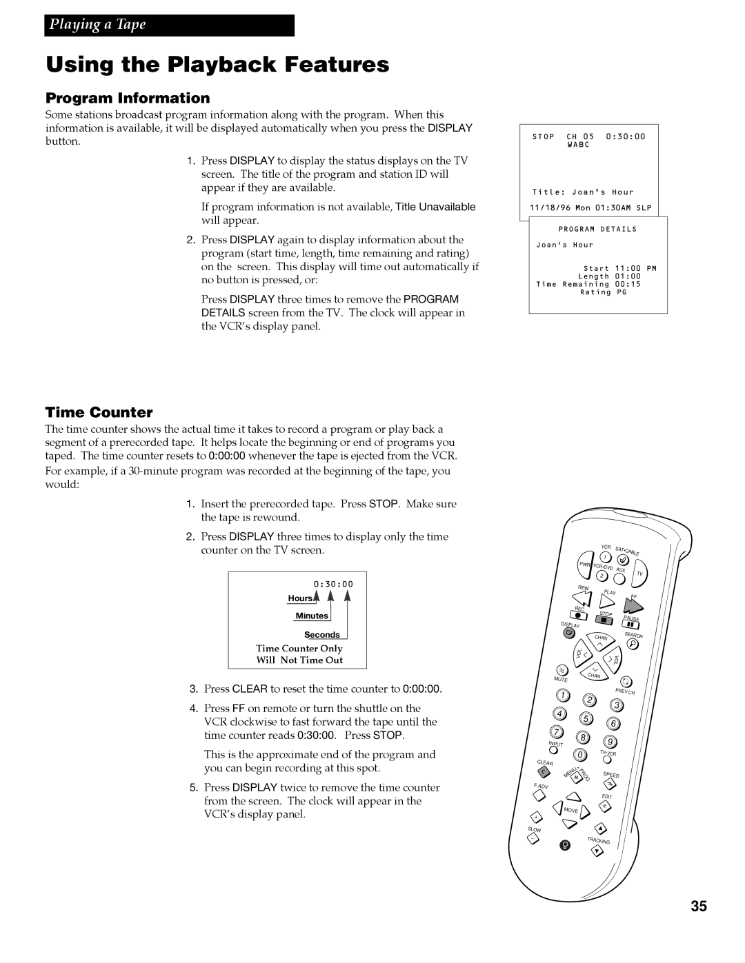RCA VR688HF manual Program Information, Time Counter 