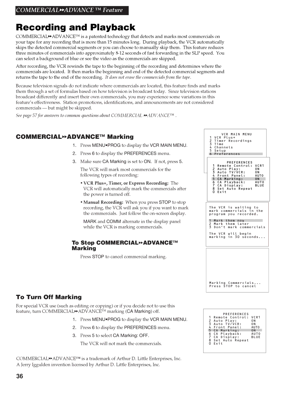 RCA VR688HF manual Recording and Playback, Commercialaadvance Marking, To Turn Off Marking 