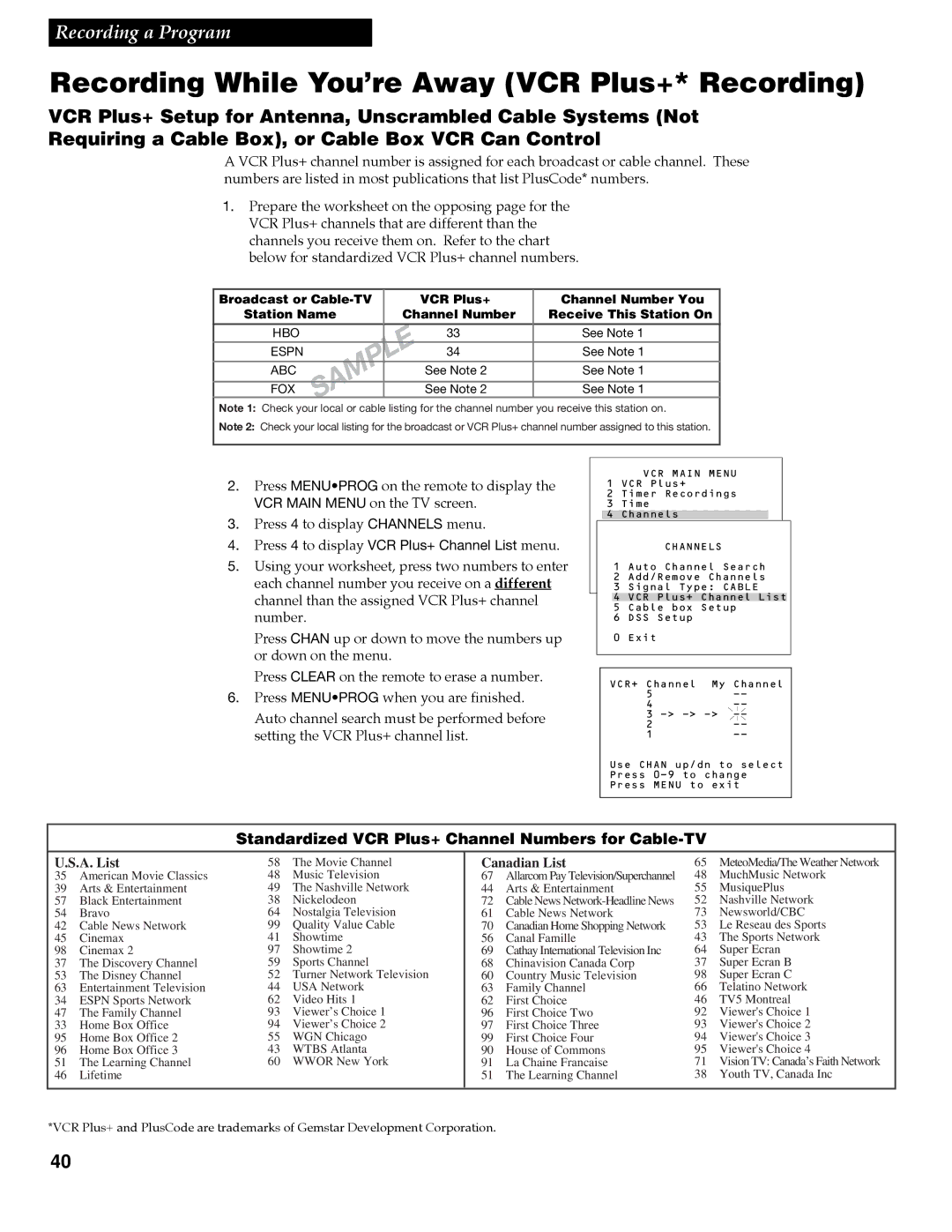 RCA VR688HF manual Recording While You’re Away VCR Plus+* Recording, Standardized VCR Plus+ Channel Numbers for Cable-TV 