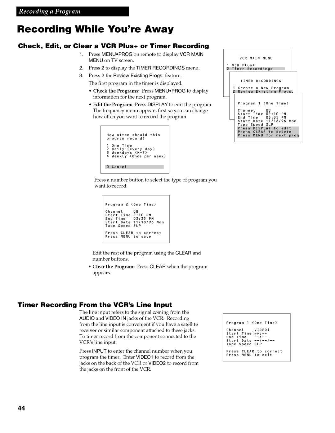 RCA VR688HF manual Recording While You’re Away, Check, Edit, or Clear a VCR Plus+ or Timer Recording, VIDEO1 