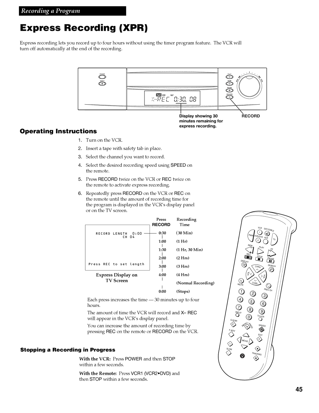RCA VR688HF manual Express Recording XPR, Operating Instructions, Express Display on TV Screen, Record Length 000 CH 