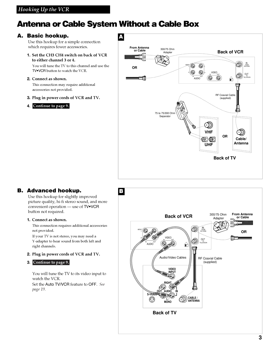 RCA VR688HF manual Antenna or Cable System Without a Cable Box, Basic hookup, Advanced hookup, Back of VCR, Back of TV 